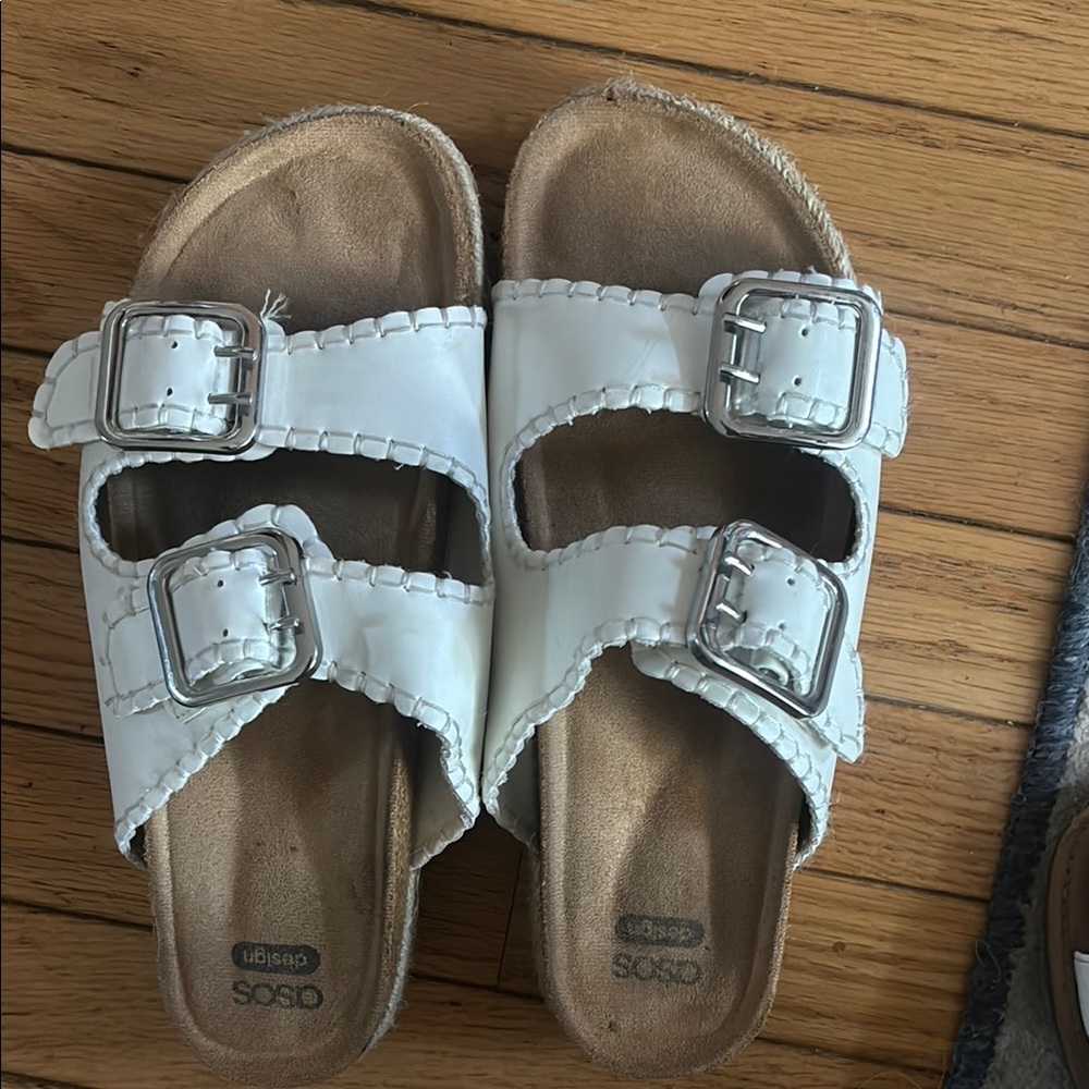 Oasis White and Tan Sandals with Adjustable Buckles